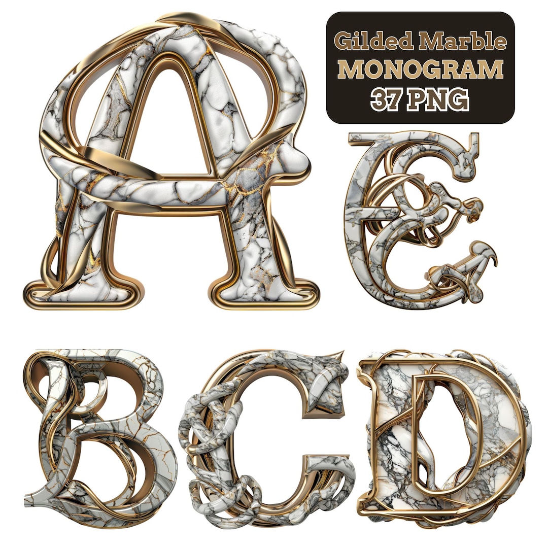 Gold Marble Monogram Letters: Elegant Font Clipart (PNG Digital ...