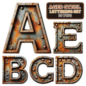 Aged Steel Lettering Set – Industrial Rust Alphabet PNG, Weathered Metal Font, Steampunk Letters and Numbers, Distressed Clipart Download
