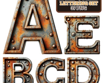 May include: Aged steel lettering set featuring the letters A, B, C, D, and E. The letters have a distressed, rusty appearance with visible rivets. A brown rectangular sign at the top right reads "AGED STEEL LETTERING SET 39 PNG."