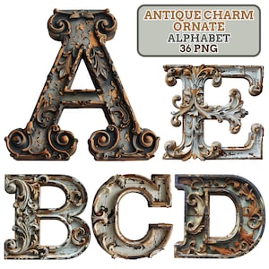 Antique Charm Ornate Alphabet Clipart PNG, Vintage Victorian Letters and Numbers, Elegant Decorative Font, Instant Download Art Design