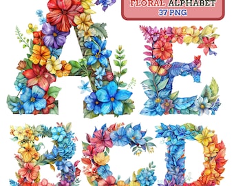 May include: Watercolor floral alphabet letters A, B, C, D, and E. Each letter is adorned with a variety of colorful flowers in shades of red, blue, yellow, and purple. A butterfly is also included in the design. The text "CUTE WATERCOLOR FLORAL ALPHABET 37 PNG" is in a rectangular box.
