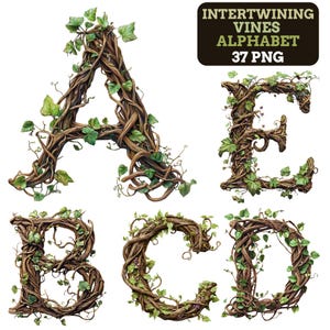 May include: An alphabet set showing the letters A, B, C, D, and E, each made from intertwined brown vines and decorated with green leaves. The image includes a dark brown rectangle with the text "INTERTWINING VINES ALPHABET 37 PNG".
