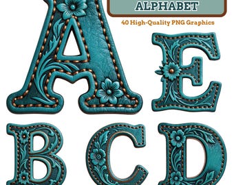 Alfabeto turquesa PNG / Letras florales de cuero occidental / 40 PNG descarga digital