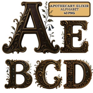 Könnte beinhalten: Verschnörkelte Buchstaben A, B, C, D und E im Vintage-Stil. Jeder Buchstabe ist dunkelbraun mit goldenen Akzenten und aufwendigen floralen Designs. Das Bild enthält den Text "APOTHECARY ELIXIR ALPHABET 40 PNG" in einem Banner.