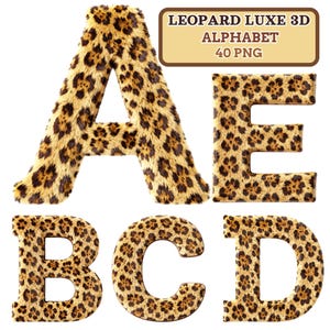 May include: A collection of five 3D alphabet letters: A, E, B, C, and D. Each letter is designed with a leopard print pattern. The letters are in a serif font. The image includes the text "LEOPARD LUXE 3D ALPHABET 40 PNG".