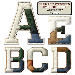 Può includere: Un alfabeto ricamato in stile Western, con le lettere A, B, C, D ed E. Le lettere sono realizzate in pelle cucita nei colori bianco, verde, blu e marrone. L'immagine include il testo "ELEGANT WESTERN EMBROIDERED ALPHABET 40 PNG."