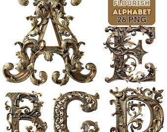 Victorian Baroque Alphabet PNG: Antique Gold Flourish Font (Digital Download)