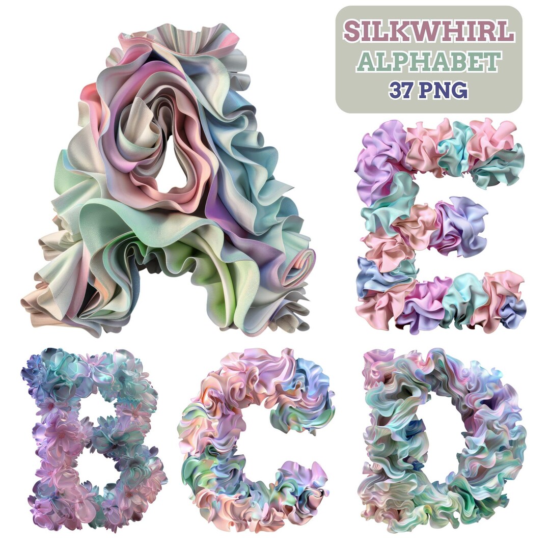 Pastel Silkwhirl Ruffle Alphabet PNG Letters and Numbers for Feminine ...
