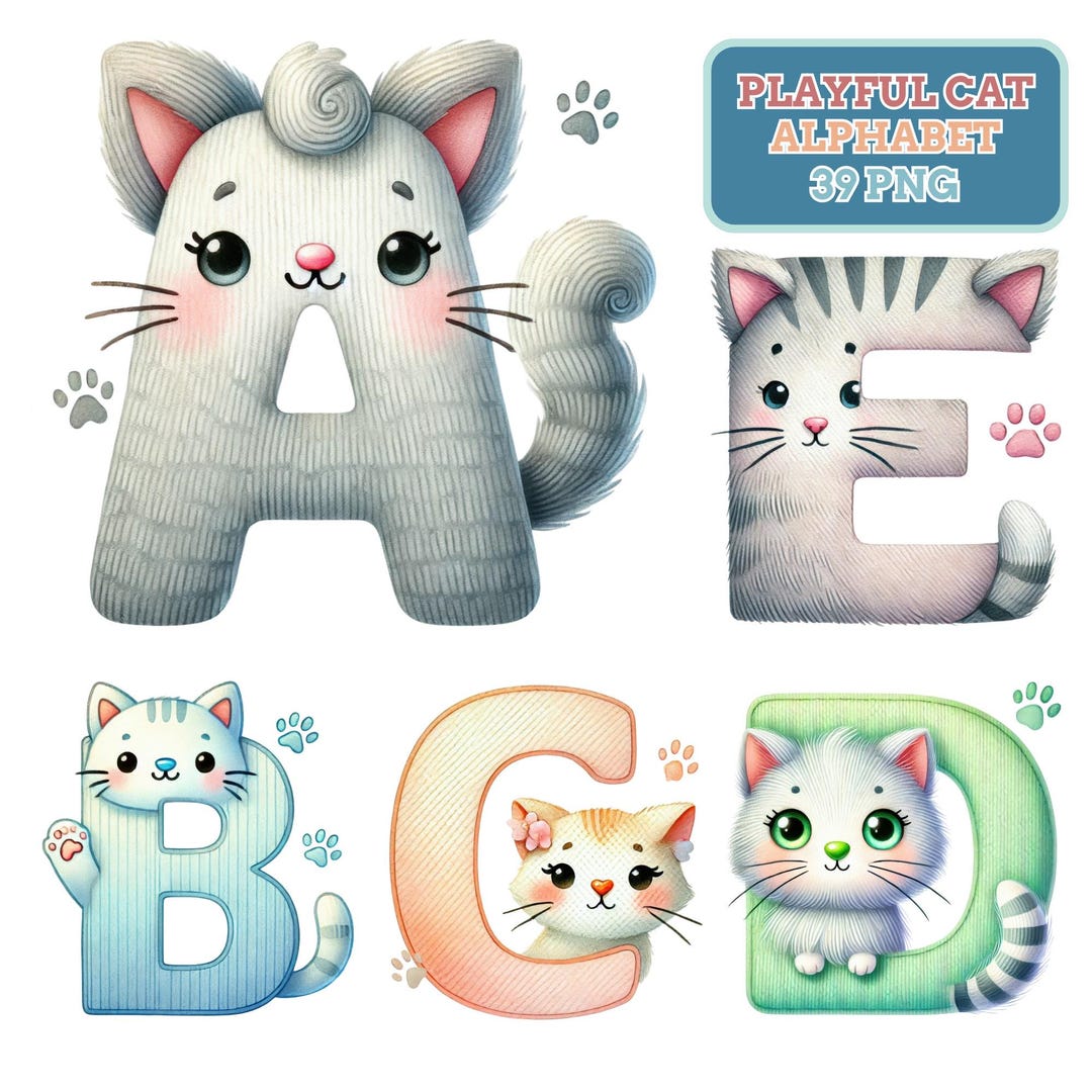 Playful Cat Alphabet PNG Clipart: Pastel Kitty Font (digital Download ...