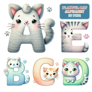 Playful Cat Alphabet PNG Clipart, Cute Kitty Letters and Numbers, Kawaii Cat Font Digital Download, Pastel Animal Monogram, Classroom Decor