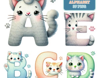 Playful Cat Alphabet PNG Clipart: Pastel Kitty Font (Digital Download