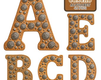 Western Saddle Concho Alphabet: Leather Letters Clipart (PNG)