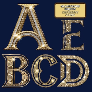 May include: A collection of gold sequin alphabet letters, including A, B, C, D, and E, with a sparkling effect. The letters are set against a dark blue background. A text box at the top reads "GLAMOROUS SEQUIN ALPHABET 40 PNG".