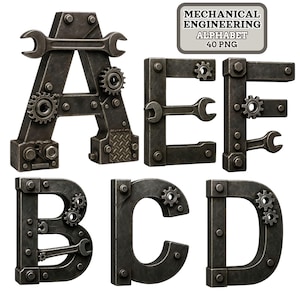 Puede incluir: Un conjunto de letras metálicas A, B, C, D, E y F, diseñadas con un tema de ingeniería mecánica. Cada letra está construida con placas de metal, pernos, engranajes y llaves. Las letras son de color gris oscuro, con un aspecto envejecido.