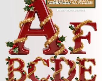 Alfabeto navideño carmesí brillante PNG / 49 PNG transparentes / 3500 px de altura / Uso comercial