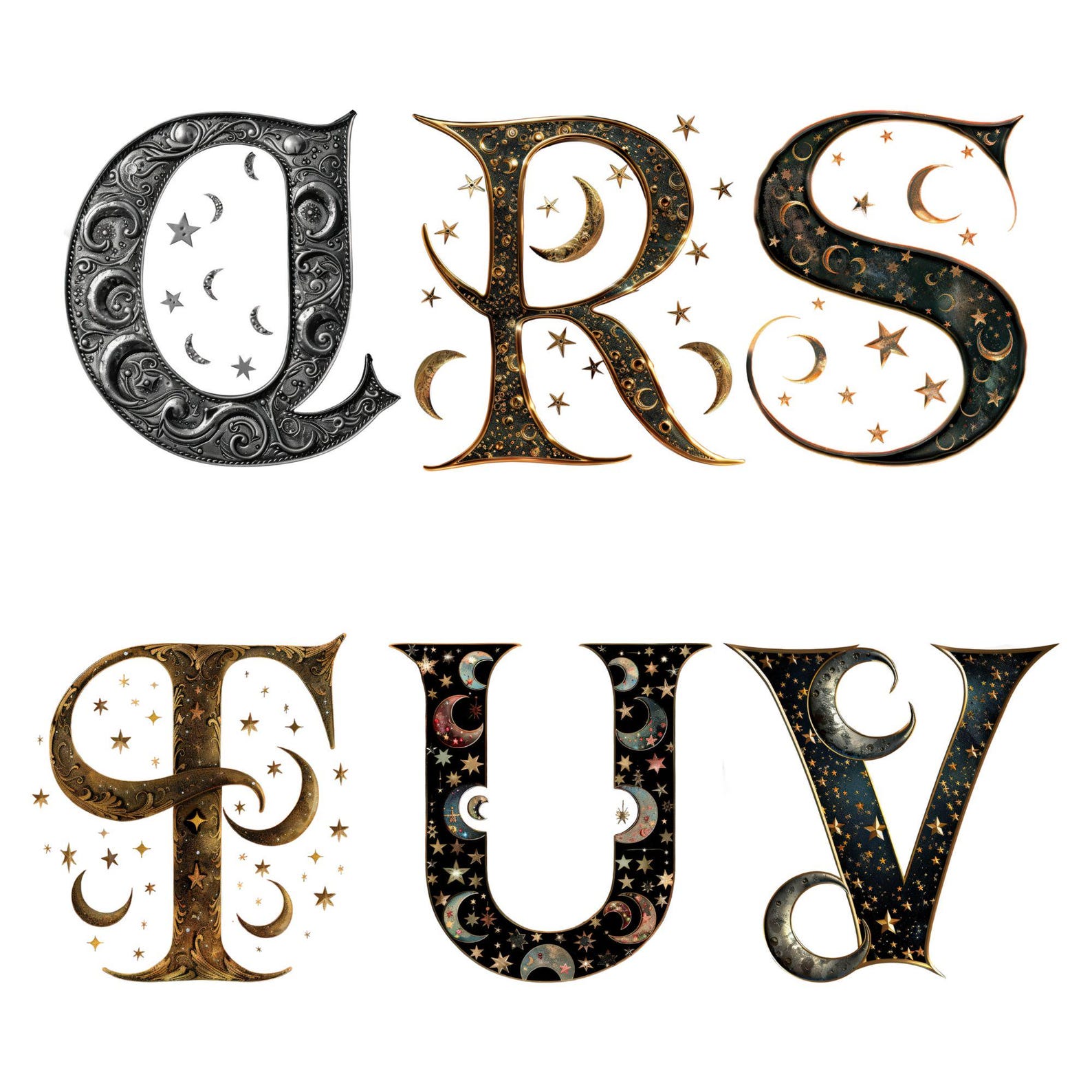 Celestial Moons & Stars Alphabet PNG: Cosmic Letter Clipart (digital ...