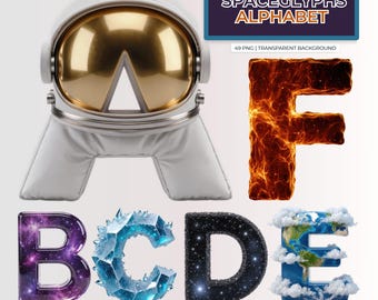 Alfabeto SpaceGlyphs PNG / 49 PNG transparente / Altura de 3500 px / Uso comercial