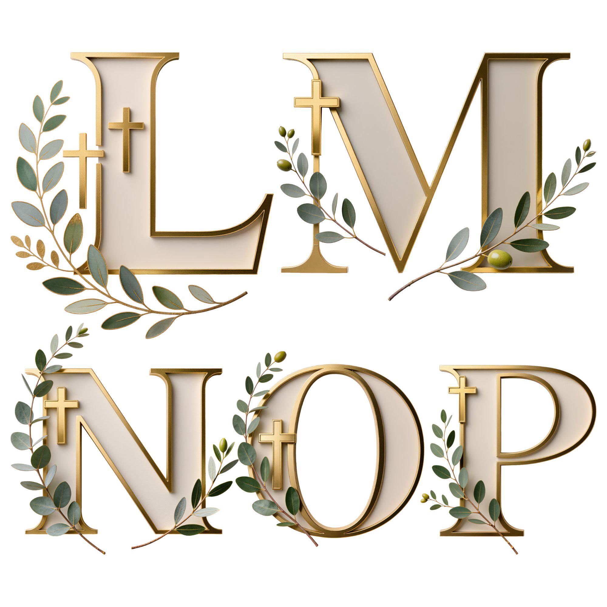 Gold Elegant Christian Monogram Alphabet PNG | Cross and Eucalyptus ...
