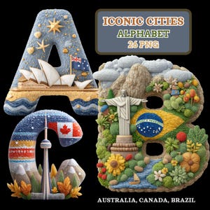 Pode incluir: Letras decorativas do alfabeto A, B e C, cada uma projetada com temas de cidades icônicas. A letra A apresenta a Ópera de Sydney e a bandeira australiana. A letra B mostra a estátua do Cristo Redentor e a bandeira brasileira. A letra C inclui a Torre CN e a bandeira canadense.