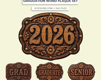 Conjunto de placas de graduación occidentales en formato PNG y SVG, imágenes prediseñadas de placas de cuero repujado, decoración para leis de graduación.