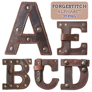 Alfabeto de cuero rústico ForgeStitch con letras PNG y números para diseños de camisas, tazas y bolsos estilo western, descarga digital.