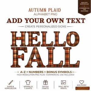 Op de afbeelding: Digitale alfabet PNG-set met letters in een herfstachtig ruitpatroon in bruin-, oranje- en crèmetinten. De tekst luidt AUTUMN PLAID ALPHABET PNG, ADD YOUR OWN TEXT, CREATE PERSONALIZED SIGNS, HELLO FALL, A-Z + NUMBERS + BONUS SYMBOLS.