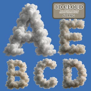 Może przedstawiać: Litery A, E, B, C i D uformowane z puszystych, białych chmur na niebieskim tle. Prostokątny znak w prawym górnym rogu głosi "3D CLOUD ALPHABET 40 PNG".