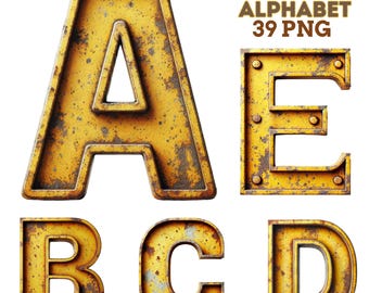 May include: A collection of yellow rust alphabet letters, including A, B, C, D, and E. The letters have a distressed, weathered appearance with brown rust spots. The text "YELLOW RUST ALPHABET 39 PNG" is in the upper right corner.