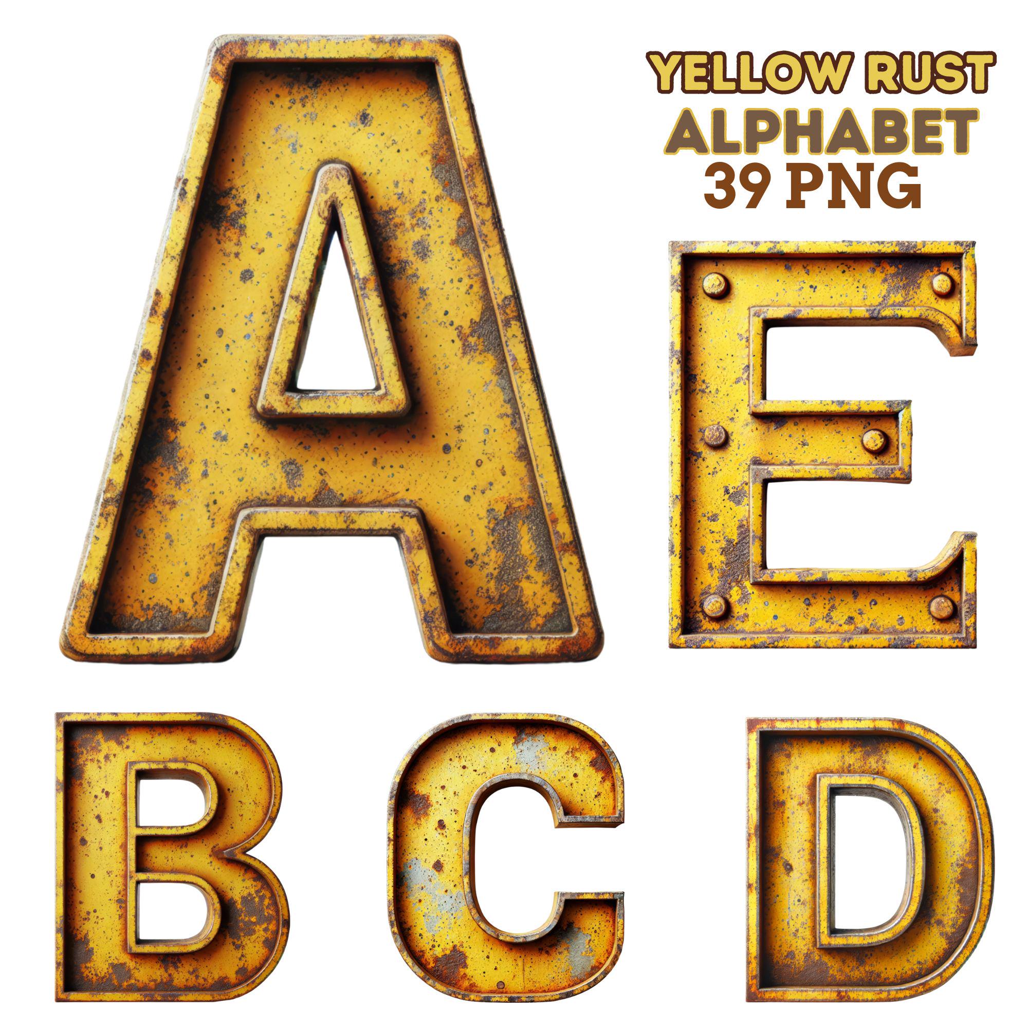 Yellow Rust Alphabet PNG Set, 39 Grunge Industrial Letters and Numbers ...