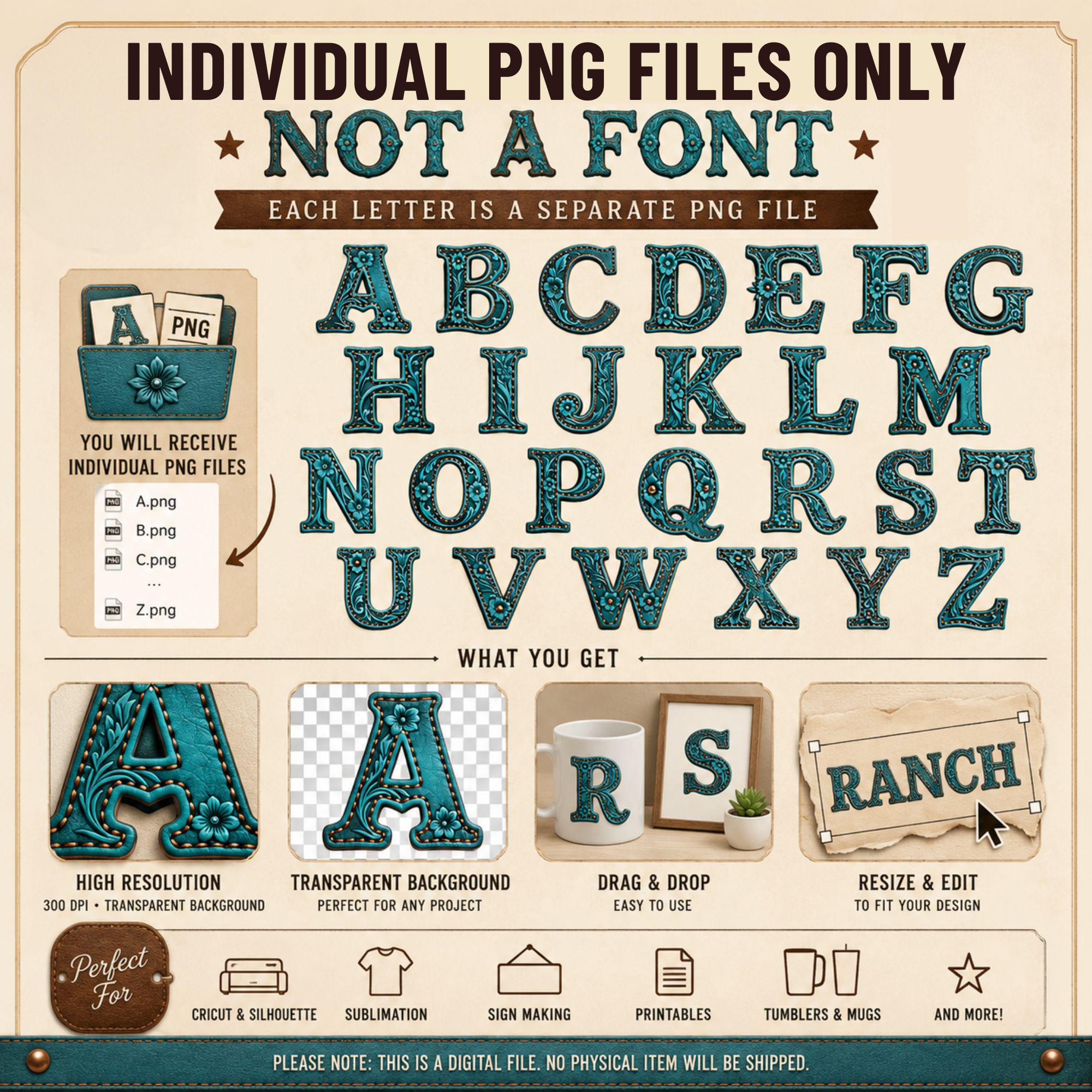 Western Alphabet PNG Bundle | Turquoise Leather Font Clipart, Cowboy ...