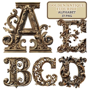 May include: Detailed golden alphabet letters A, B, C, D, and E with a flourish design. The letters are in a serif font with elaborate detailing. A text box in the upper right corner reads "GOLDEN ANTIQUE FLOURISH ALPHABET 37 PNG".