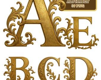 Gold Baroque Alphabet Clipart | Ornate Monogram Letters, Numbers (PNG, Instant Download)