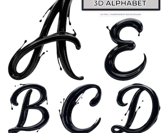 Alfabeto 3D en tinta negra brillante PNG / 40 PNG transparente / 3500 px / Uso comercial
