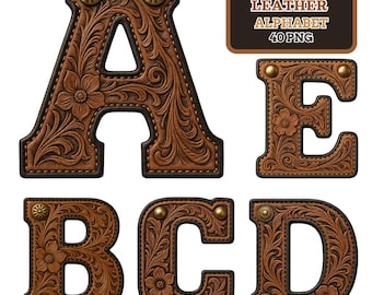 Tan Genuine Leather Alphabet PNG | Western Tooled Letters A–Z 0–9 !?@&