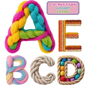 以下が含まれることがあります： 白い背景に、A、B、C、D、Eの糸文字のコレクション。文字Aは、ピンク、イエロー、グリーン、ブルーの色合いの編み糸で作られています。画像には「CHUNKY YARN ALPHABET 40 PNG」というテキストも含まれています。