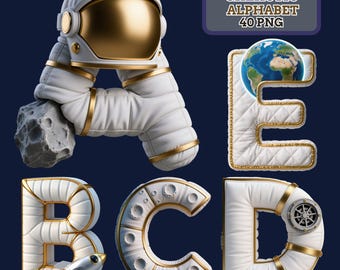 Könnte beinhalten: Eine Sammlung von Buchstaben im Astronauten-Design. Die Buchstaben A, B, C, D und E sind weiß mit goldenen Akzenten. Buchstabe A zeigt einen Astronautenhelm und einen Felsen. Buchstabe B hat eine Rakete. Buchstabe E hat einen Globus. Das Bild enthält den Text "ASTRONAUT'S GALACTIC ALPHABET 40 PNG".