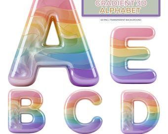 Alfabeto 3D arcoíris pastel PNG / 40 PNG transparente / 3500px / Uso comercial