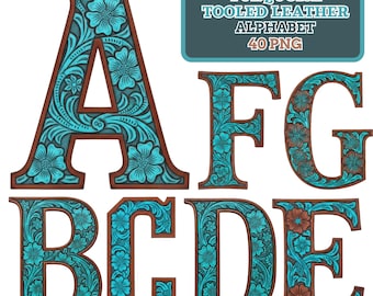 Turquoise Tooled Leather Alphabet PNG | Western Letters A–Z 0–9 | 3500px 300 DPI | Instant Download