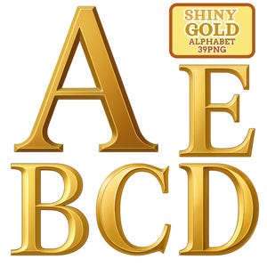Puede incluir: Letras doradas brillantes del alfabeto A, B, C, D y E. Las letras tienen un estilo de fuente serif clásico y un acabado metálico. Un letrero rectangular en la esquina superior derecha dice "Shiny Gold Alphabet 39PNG".