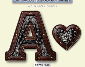 Alfabeto de pañuelo de cuero Outlaw PNG / 50 PNG transparentes / 3500px / Uso comercial