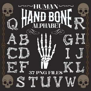 Conjunto de PNG de alfabeto de osso de mão humana, letras de caveira gótica, clipart de fonte de esqueleto para artesanato de Halloween, letras e números digitais assustadores