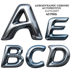 May include: Aerodynamic chrome automotive alphabet letters A, B, C, D, and E. The letters are metallic silver with a glossy finish. The text "AERODYNAMIC CHROME AUTOMOTIVE ALPHABET 40 PNG" is displayed above the letters.