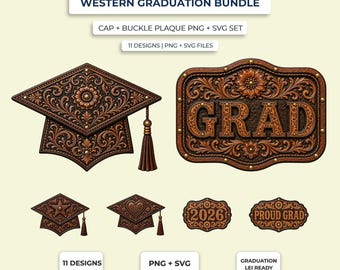 Conjunto de imágenes PNG y SVG para graduación de estilo occidental, imágenes prediseñadas de birrete de graduación de cuero repujado, decoración para guirnalda de graduación.