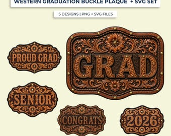 Conjunto de placas PNG y SVG de hebillas de graduación estilo occidental, imágenes prediseñadas de graduación en cuero repujado, decoración de leis de graduación