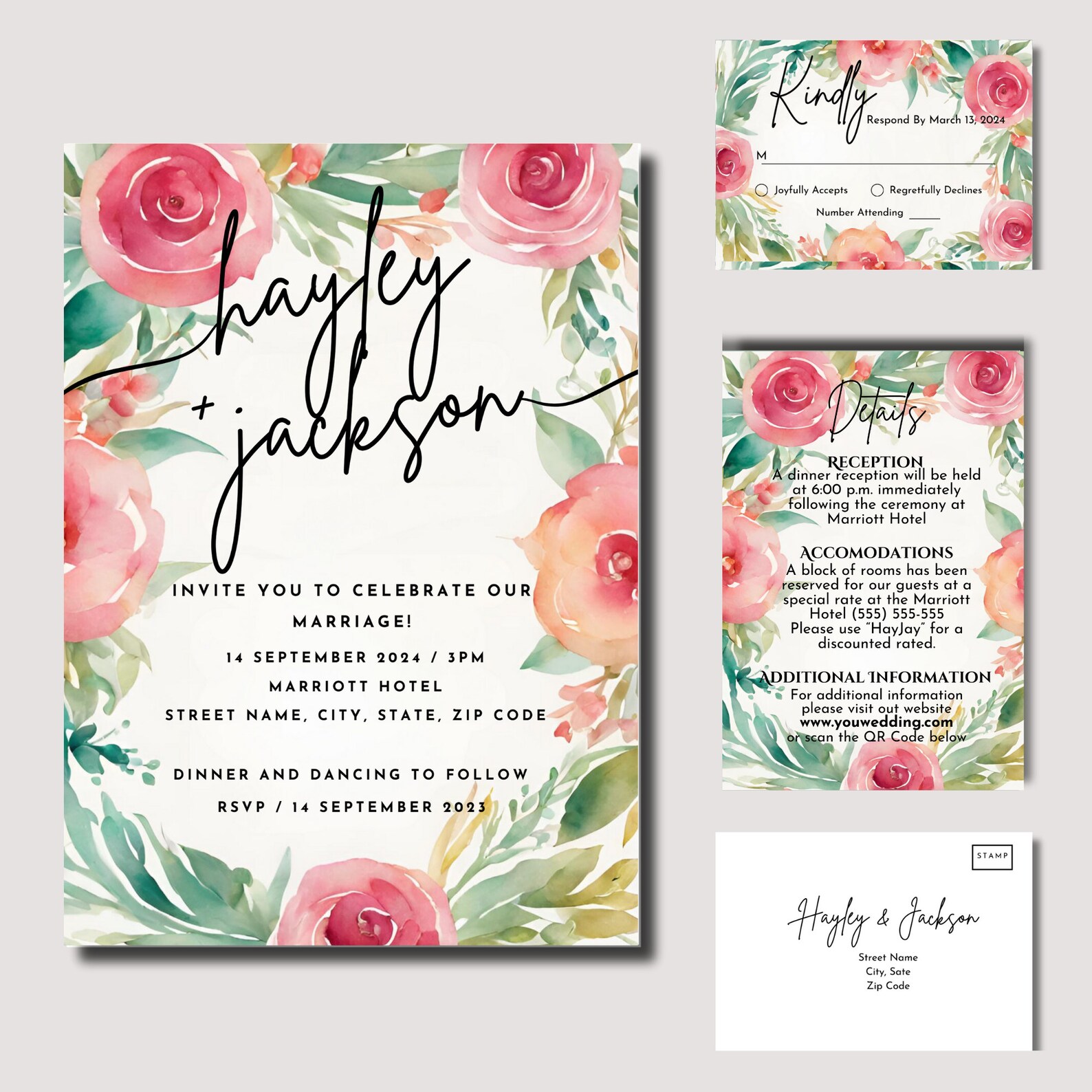 Watercolor Flowers Wedding Template, Floral Wedding Invite Set, Garden ...