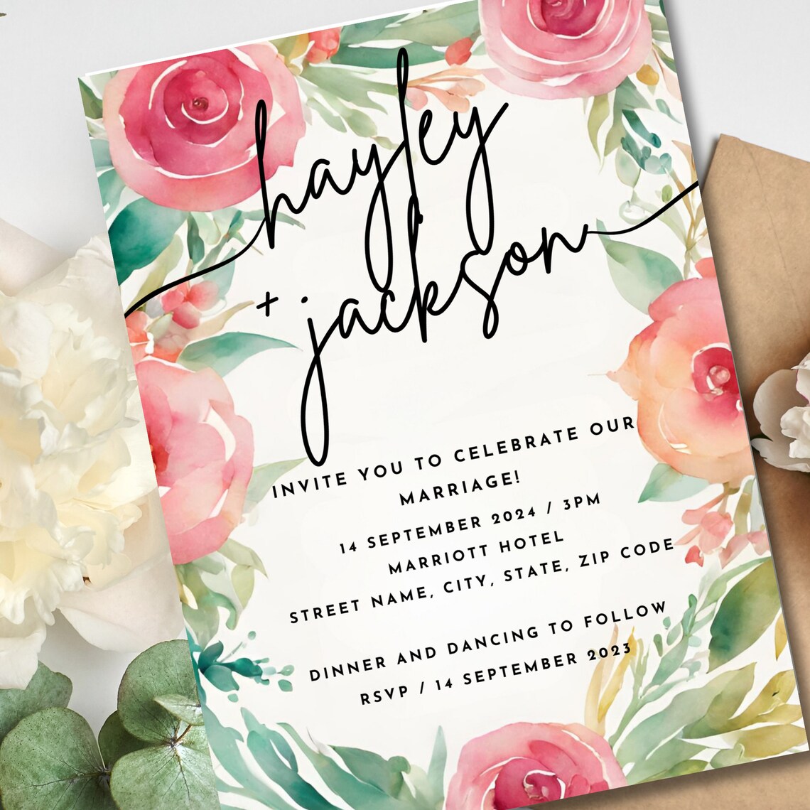 Watercolor Flowers Wedding Template, Floral Wedding Invite Set, Garden ...