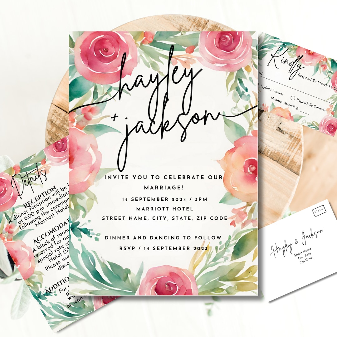 Watercolor Flowers Wedding Template, Floral Wedding Invite Set, Garden ...