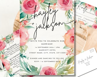 Watercolor Flowers Wedding Template, Floral Wedding Invite Set, Garden Watercolor Wedding Invite Bundle, Floral Printable Wedding Invitation