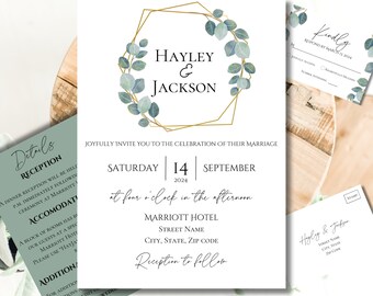 Wedding Invitation Gold Geometric Editable Invites Eucalyptus Wedding Invitations Template Printable DIY Wedding Invites Digital File Boho