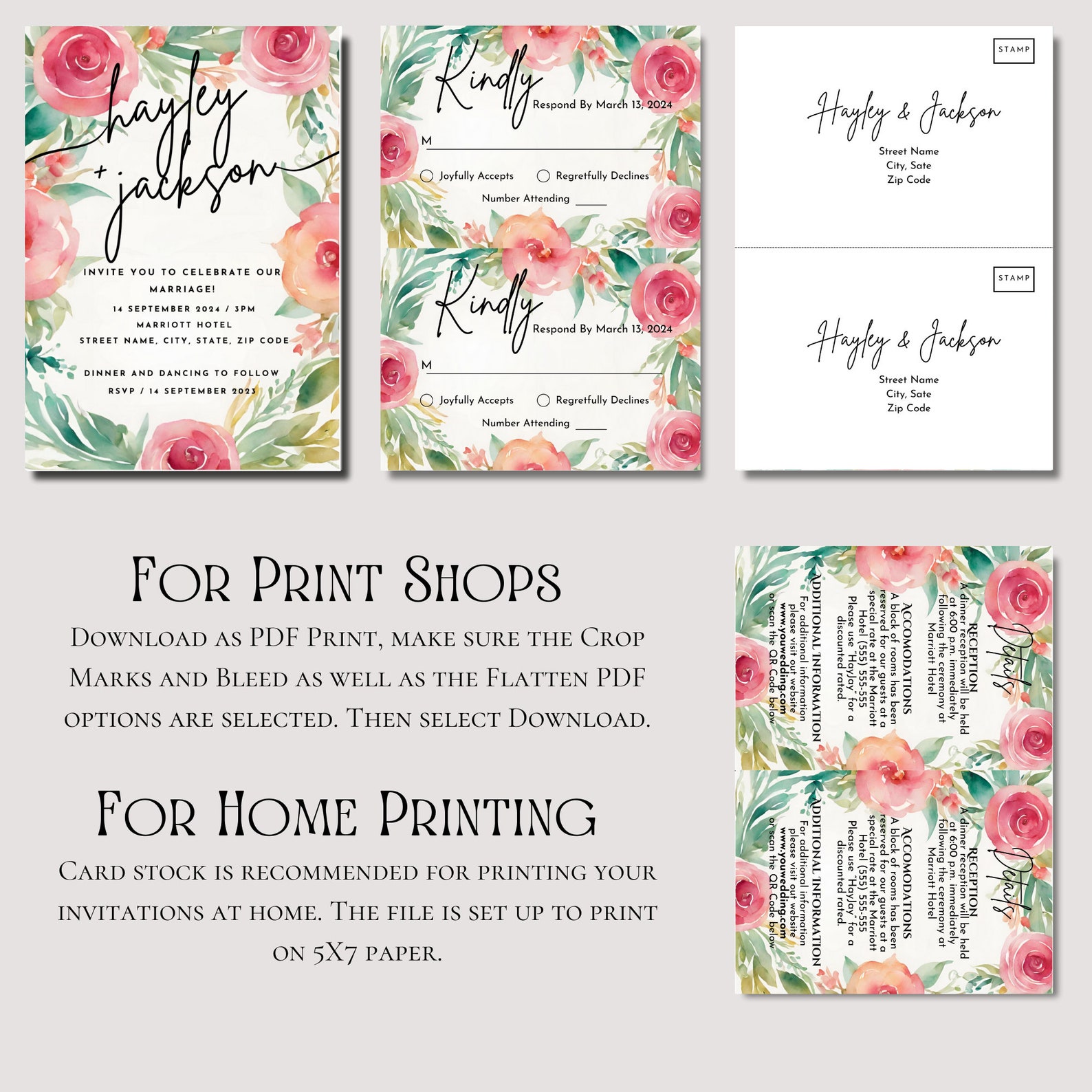Watercolor Flowers Wedding Template, Floral Wedding Invite Set, Garden ...